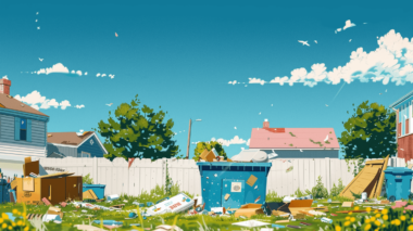 summer day with a clear blue sky showcasing a dumpster being filled