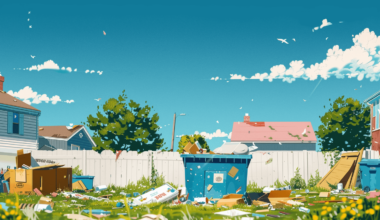 summer day with a clear blue sky showcasing a dumpster being filled